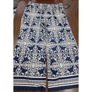 Park & Main Woman 2X NWT Wide Leg Pants Navy Blue Damask Print Textured Plus SZ